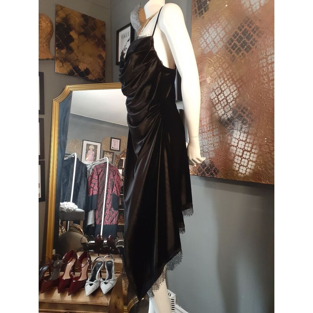 Zara Nwt Black Velvet Asymmetric Slip Dress with Lace Trim - Picture 10 of 16